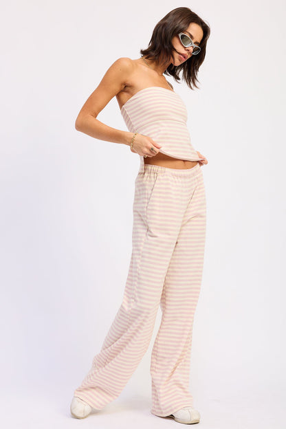 Nerina Striped Pants with Elastic Waistband in Avocado Ivory Stripe view 2 - Comfort Stretch (bottom)