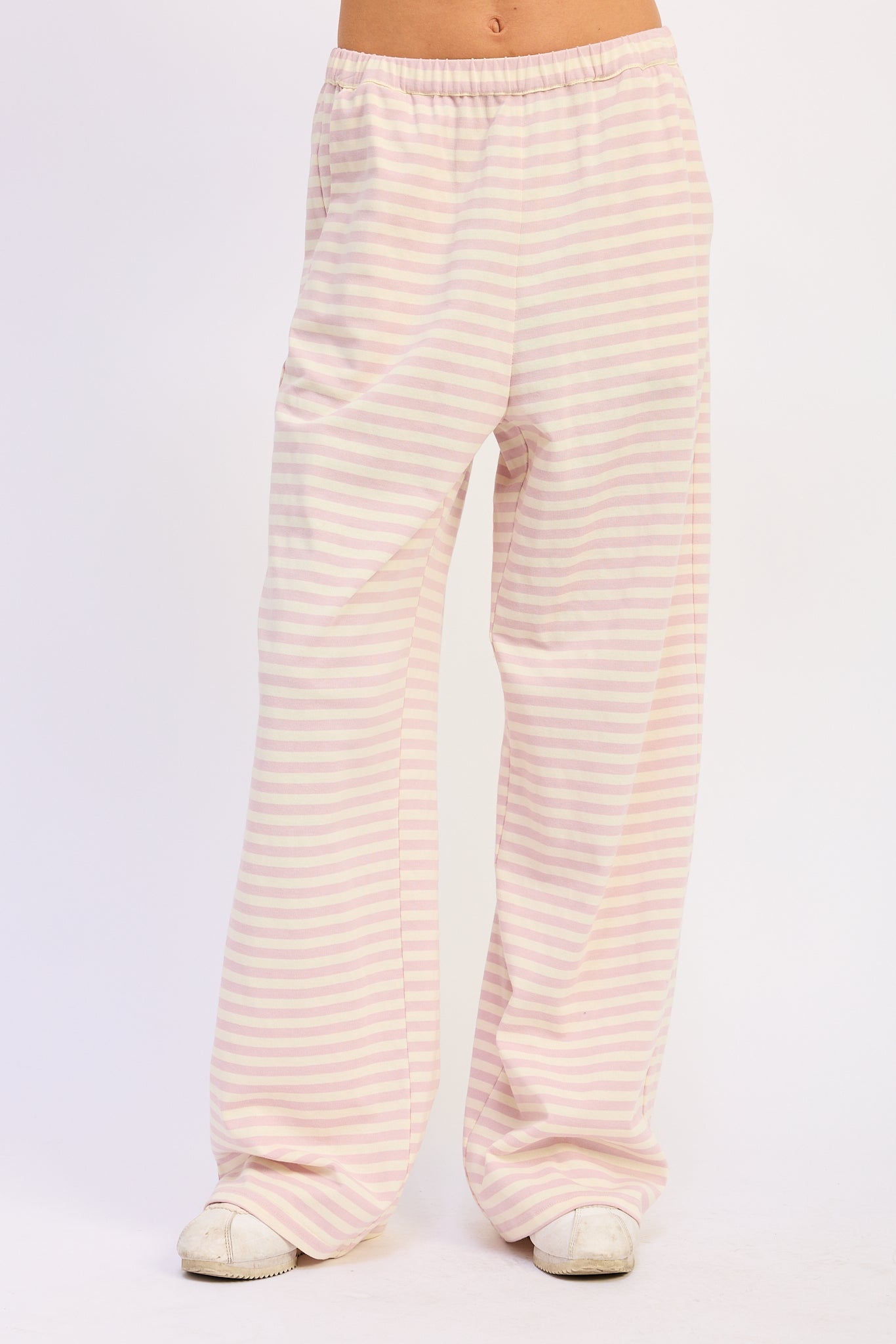 Nerina Striped Pants with Elastic Waistband in Pink Ivory Stripe view 4 - Comfort Stretch - Nerina Twist Front Strapless Top