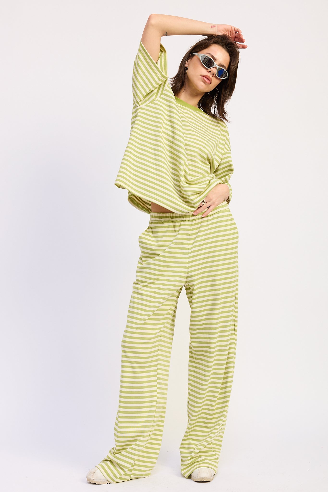 Nerina Striped Pants with Elastic Waistband in Pink Ivory Stripe view 5 - Comfort Stretch - Nerina Twist Front Strapless Top
