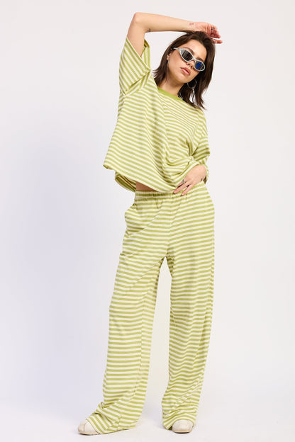 Nerina Striped Pants with Elastic Waistband in Pink Ivory Stripe view 5 - Comfort Stretch - Nerina Twist Front Strapless Top