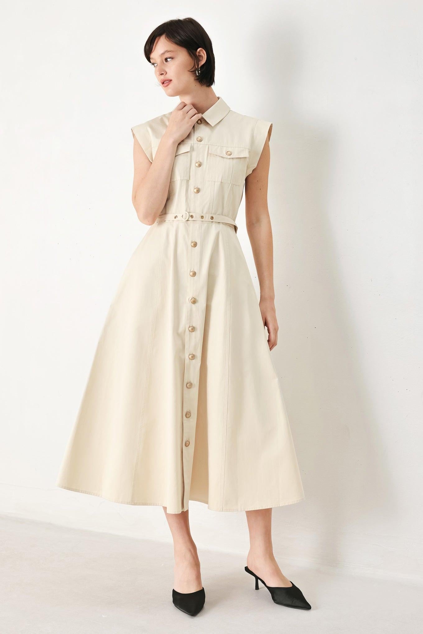 Neutral Command Woven Shirt Dress in ECRU view 4