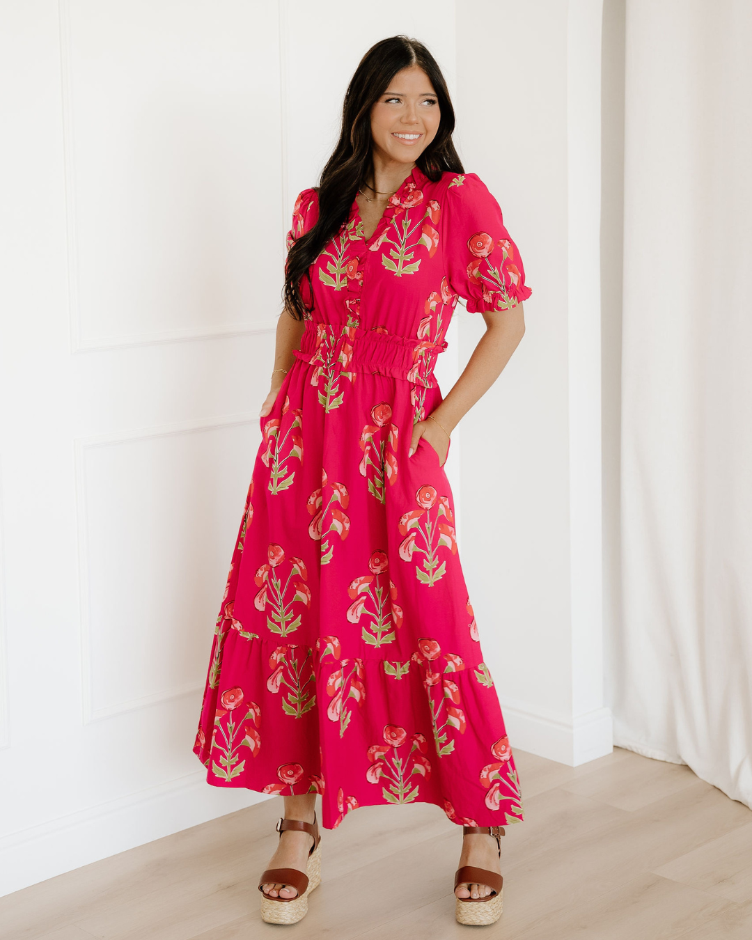 Neve Frilled V Neck Short Sleeve Ruffle Maxi Dress in S