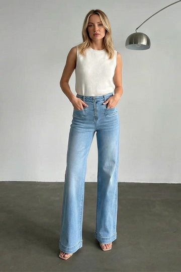 Noemi Eco Friendly Front Pocket Detail High Rise Flare Jeans - MeeeShop Women's Fashion