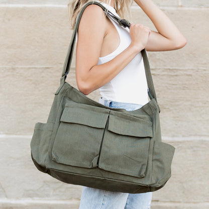 Nova Oversize Canvas Messenger Bag in Camel view 2 - Nova Bag Carry On