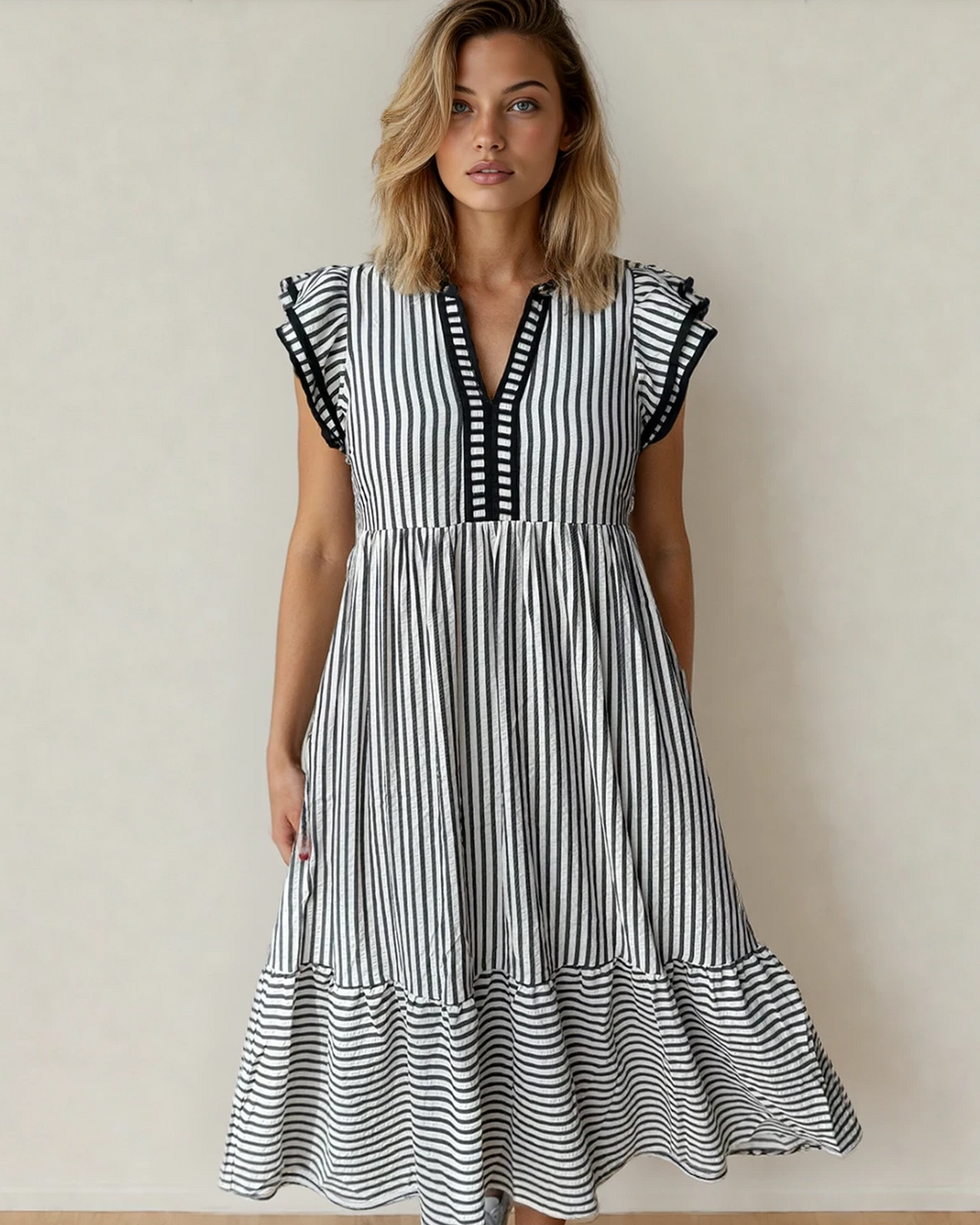 Nyla Double Ruffled Short Sleeve Contrast Trim V Neck Midi Dress - Black Black Stripe (dress) - shop at us.meeeshop