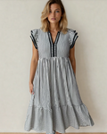 Nyla Double Ruffled Short Sleeve Contrast Trim V Neck Midi Dress - Black Black Stripe (dress) - shop at us.meeeshop