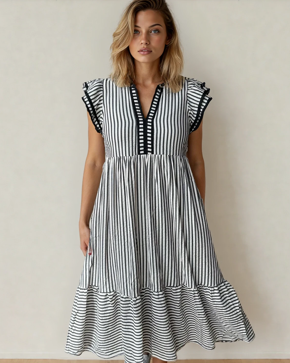 nyla double ruffled Nyla Double Ruffled Short Sleeve Contrast Trim V Neck Midi Dress - Black Black Stripe (dress) - shop at u