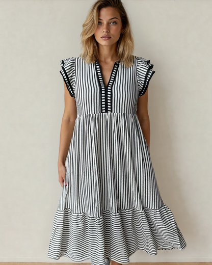 nyla double ruffled Nyla Double Ruffled Short Sleeve Contrast Trim V Neck Midi Dress - Black Black Stripe (dress) - shop at u