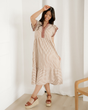 Nyla Double Ruffled Short Sleeve Contrast Trim V Neck Midi Dress - Brown
