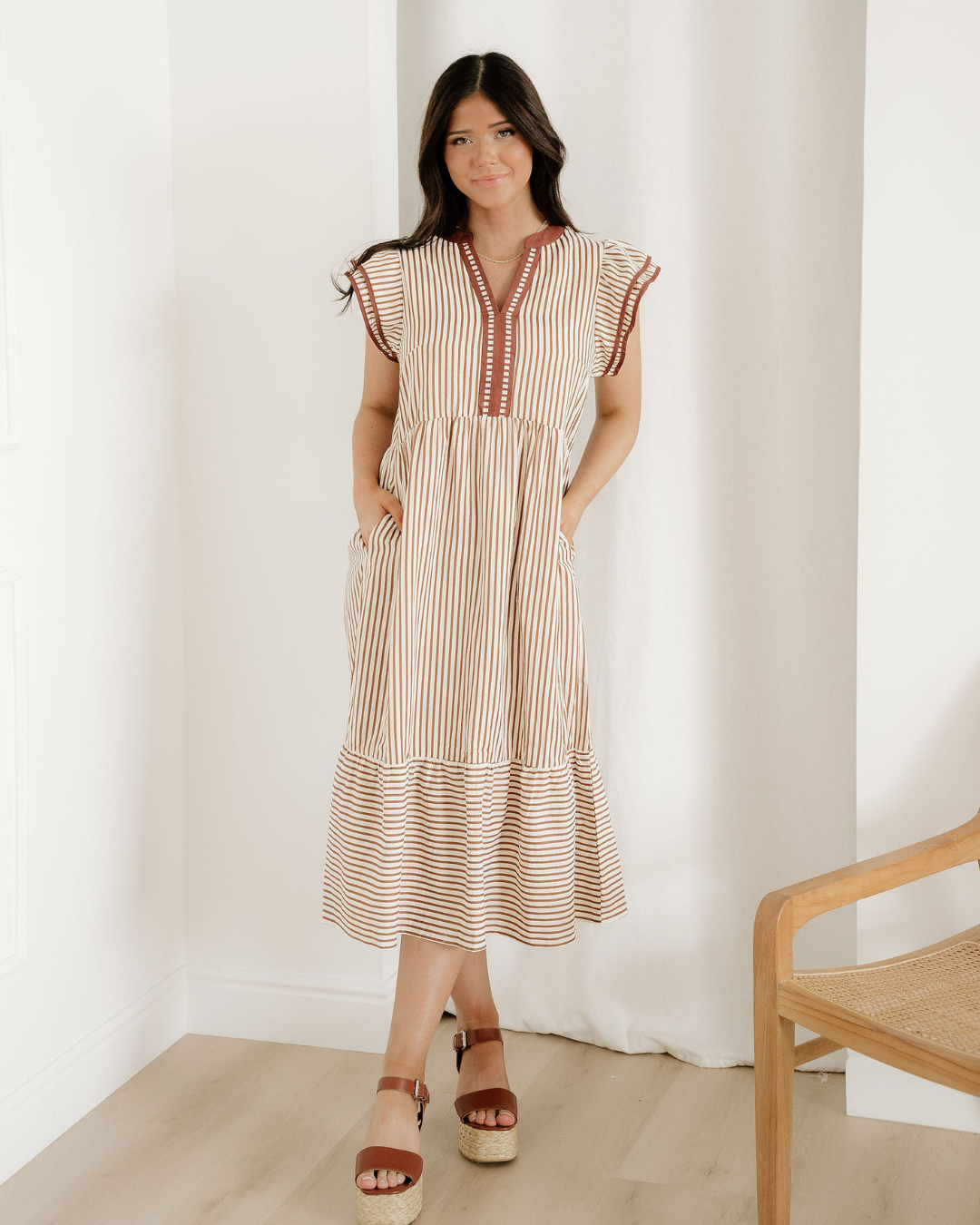 nyla double ruffled Nyla Double Ruffled Short Sleeve Contrast Trim V Neck Midi Dress - Brown view 3 (dress) - shop at us.meee