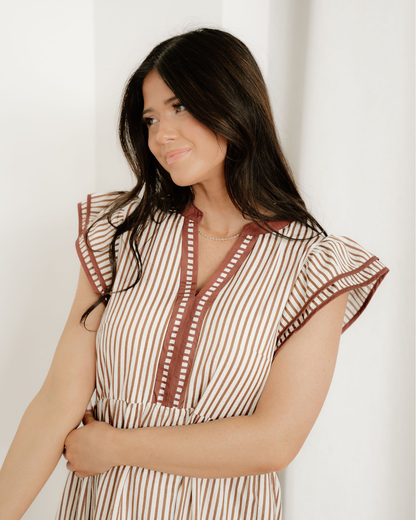 nyla double ruffled Nyla Double Ruffled Short Sleeve Contrast Trim V Neck Midi Dress - Brown view 5 (dress) - shop at us.meee