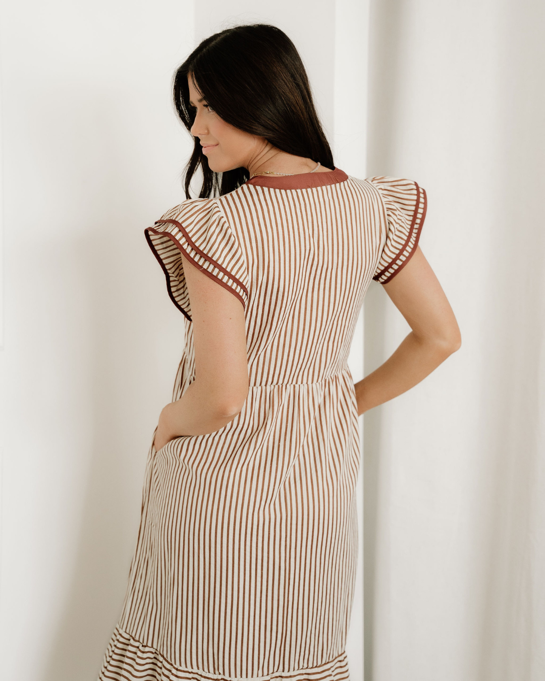 nyla double ruffled Nyla Double Ruffled Short Sleeve Contrast Trim V Neck Midi Dress - Brown view 8 (dress) - shop at us.meee