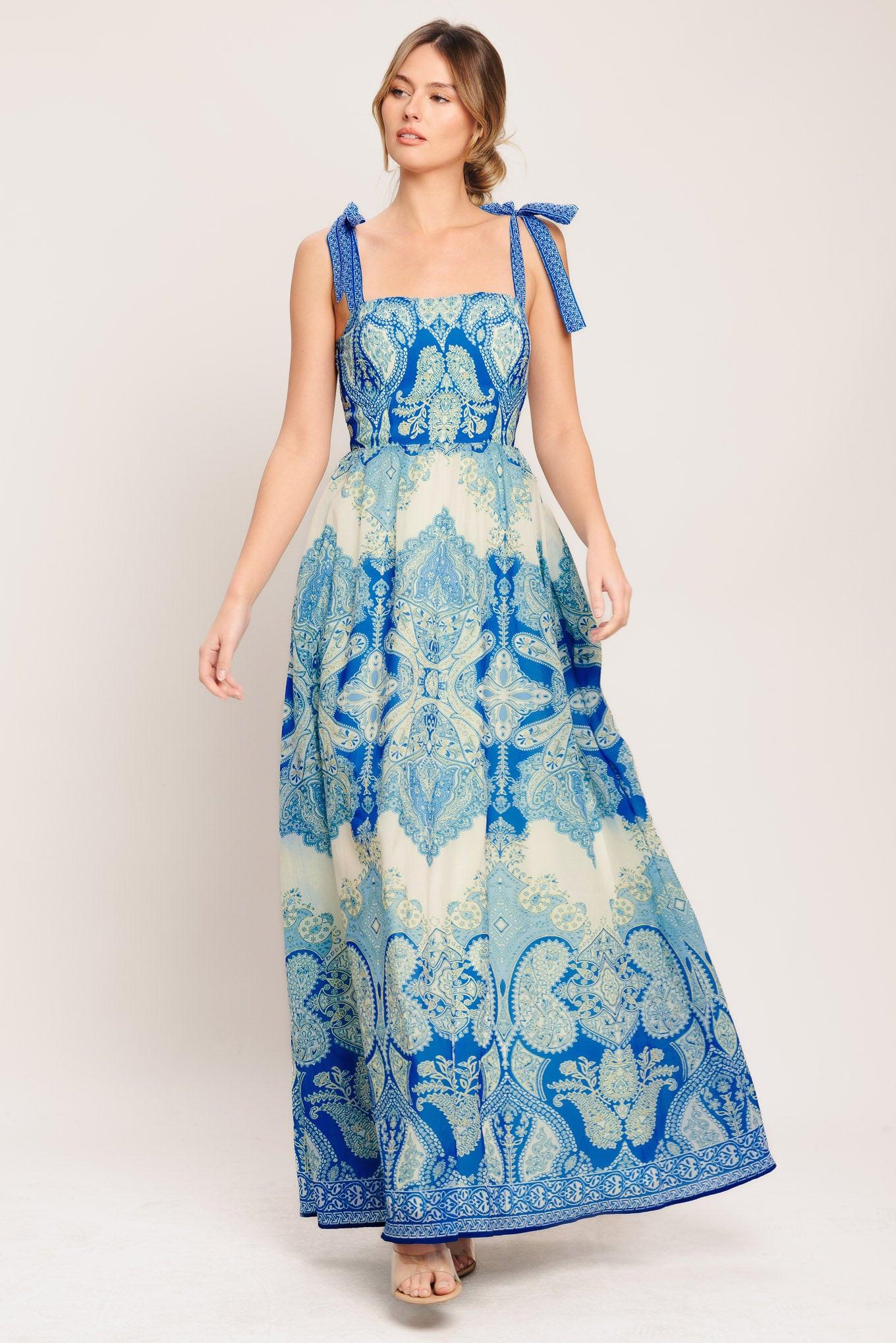 Ocean Tapestry Woven Maxi Dress in IVORY BLUE - Farm Rio Women'S Ocean Tapestry Maxi Dress