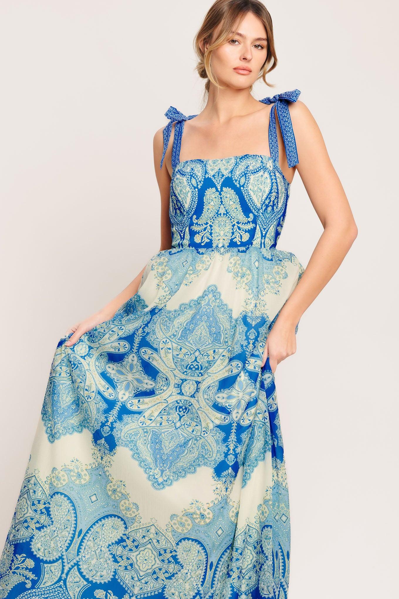 Ocean Tapestry Woven Maxi Dress in IVORY BLUE view 2 - Farm Rio Women'S Ocean Tapestry Maxi Dress