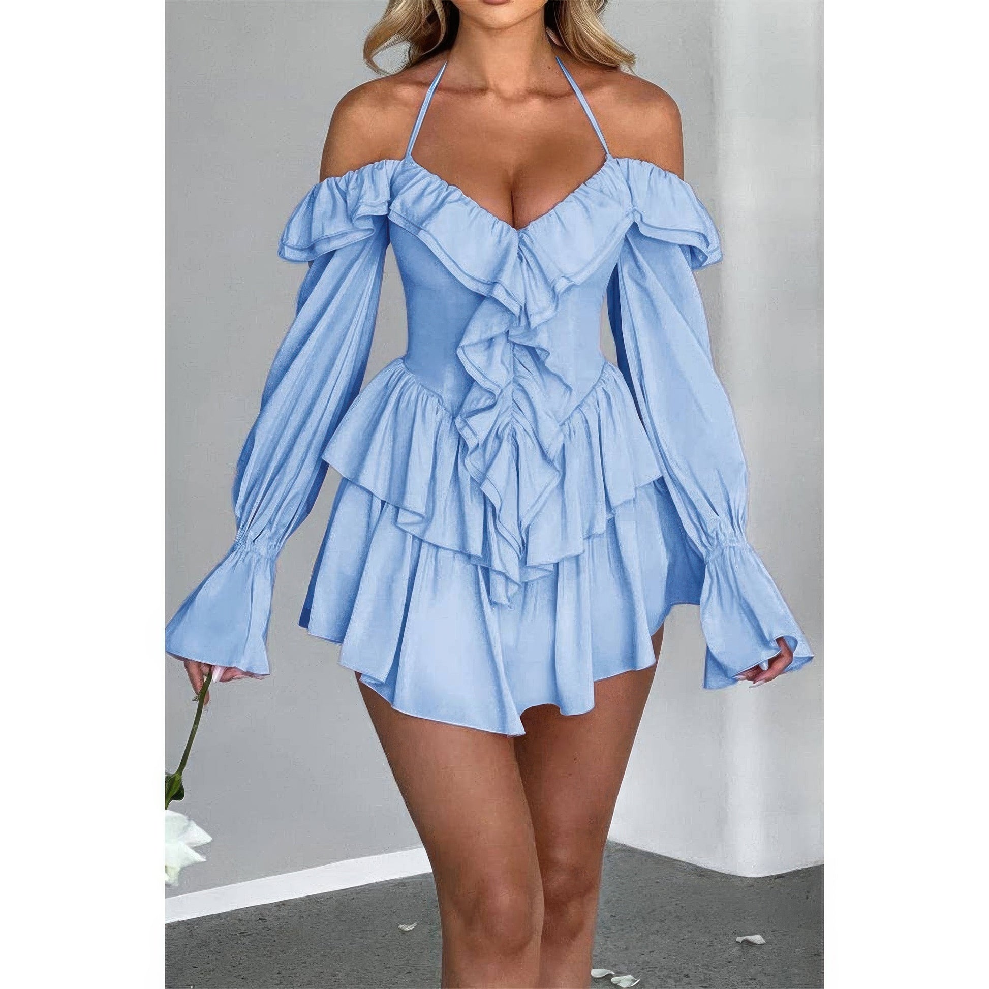 Off Shoulder Corset Ruffle Halter Mini Dress in Blue - Off Shoulder Dresses For Women