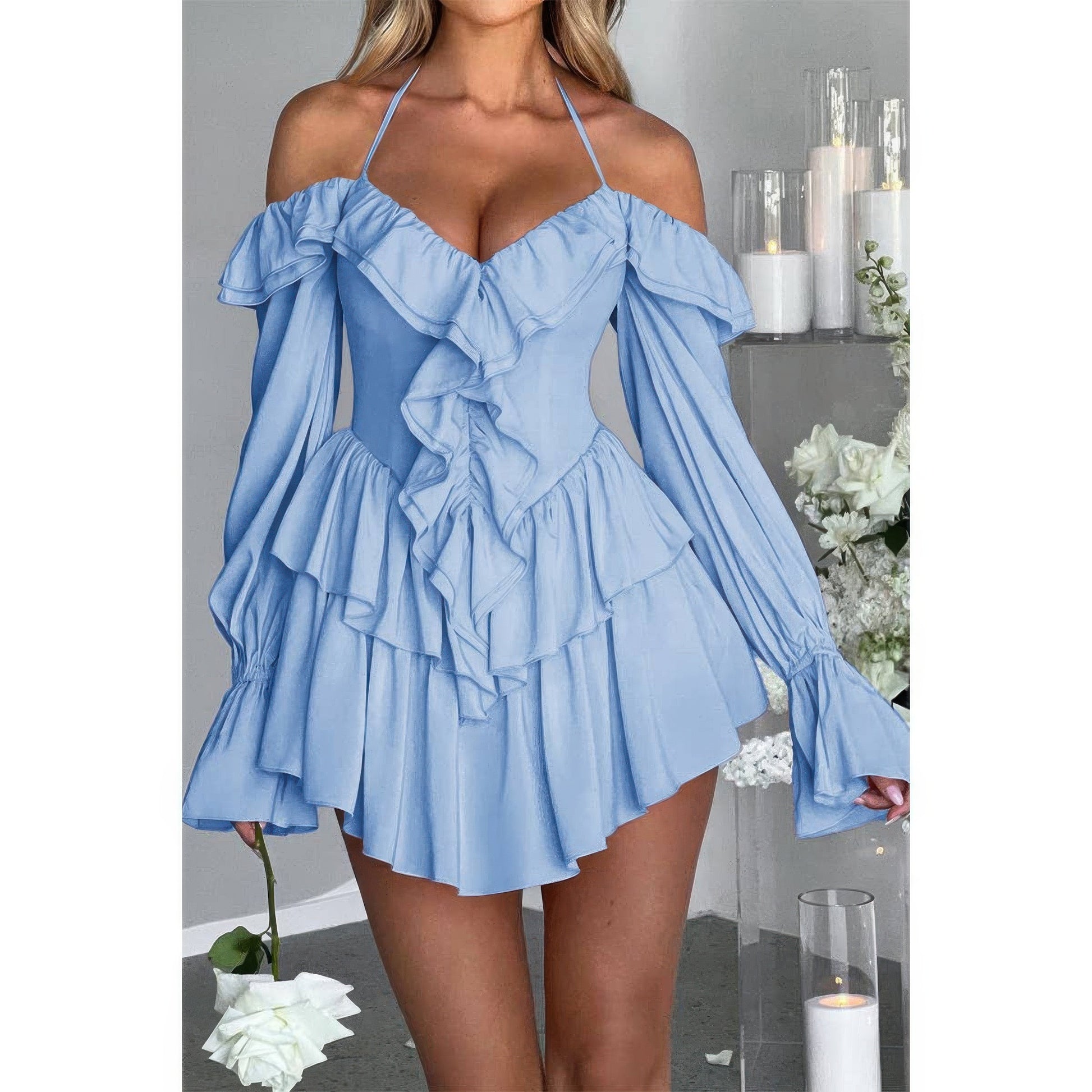 Off Shoulder Corset Ruffle Halter Mini Dress in Blue view 2 - Off Shoulder Dresses For Women