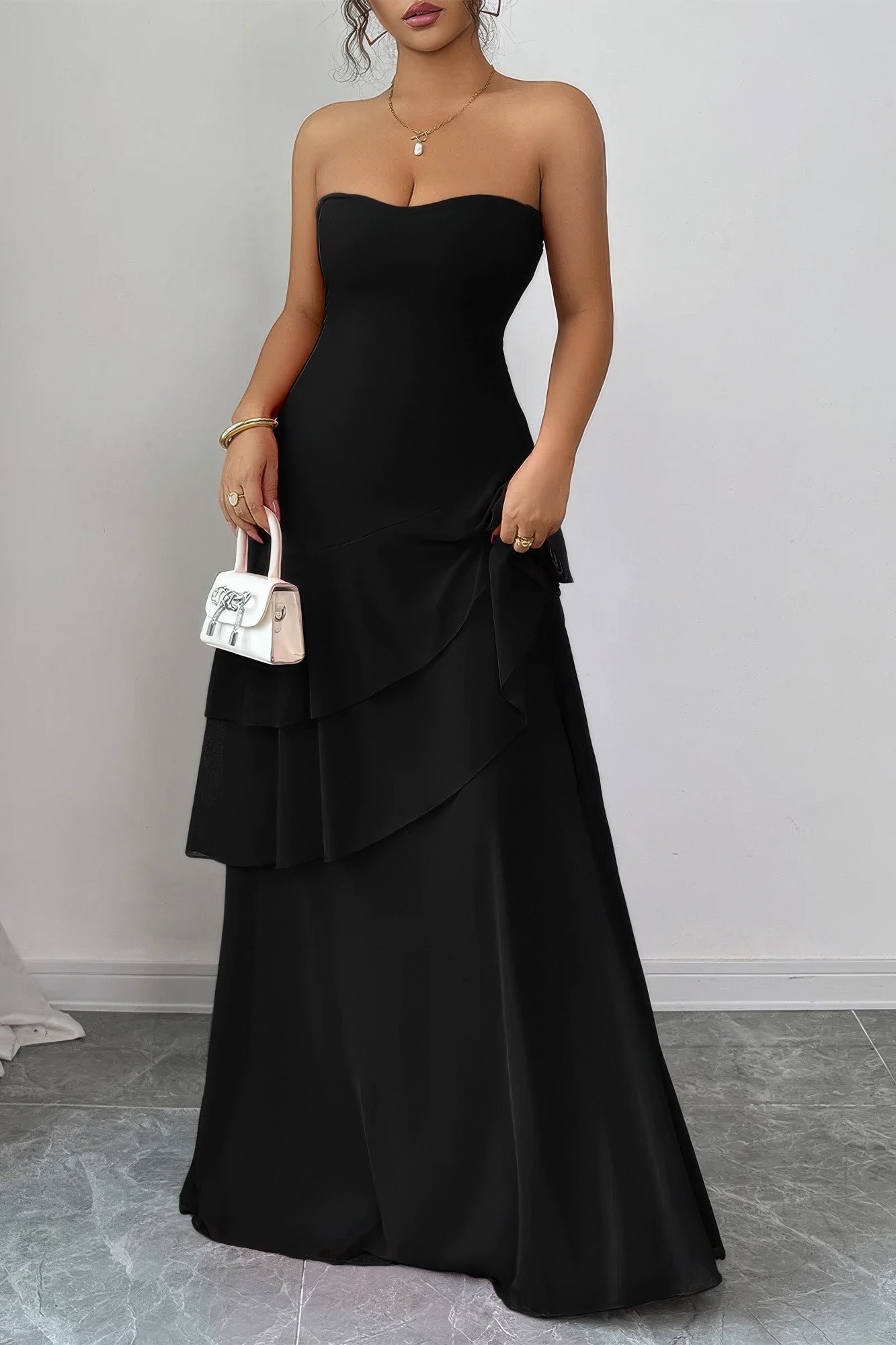 Off Shoulder Cross Back High Waist Layer Maxi Dress in Black - High-Waisted - Off Shoulder Dresses For Women