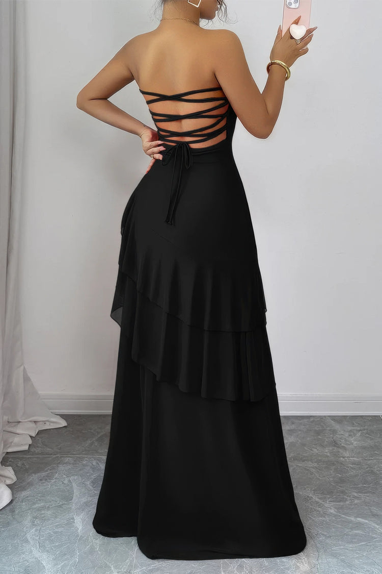 Off Shoulder Cross Back High Waist Layer Maxi Dress Black view 3 (dress) - off shoulder dresses for wom - shop at us.meeeshop