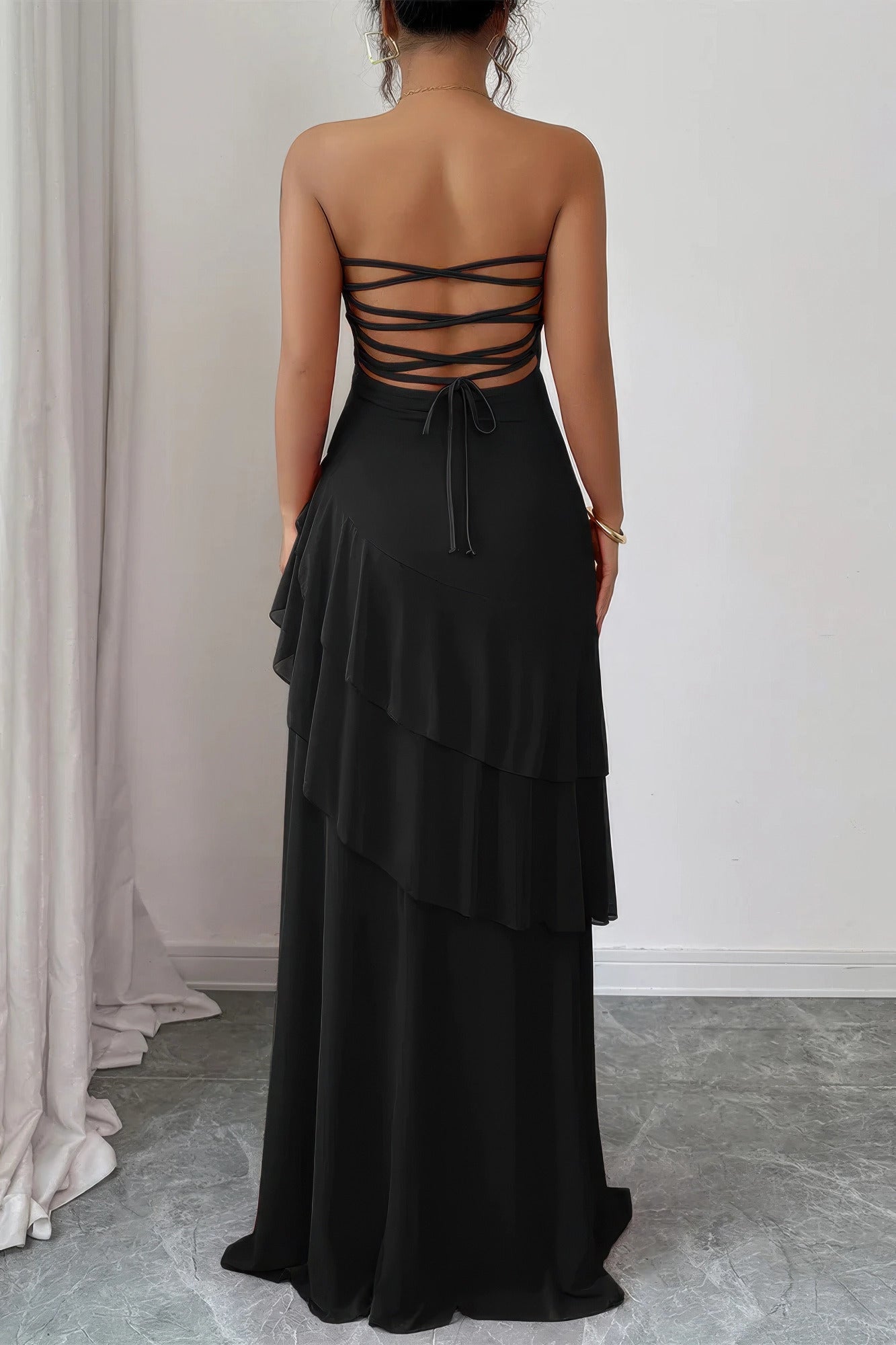 Off Shoulder Cross Back High Waist Layer Maxi Dress in Black view 4 - High-Waisted - Off Shoulder Dresses For Women