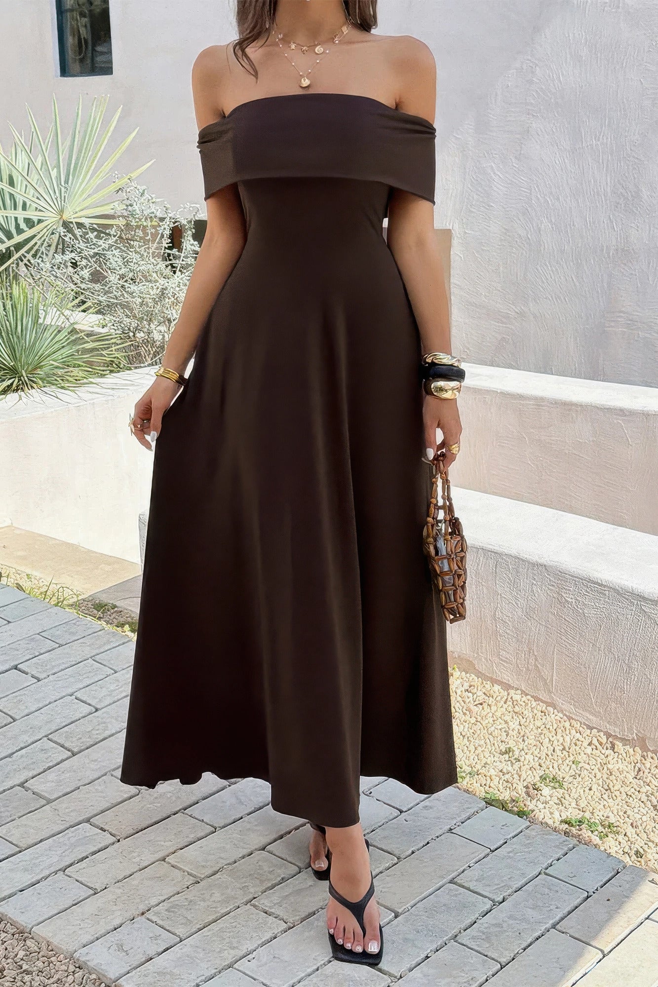 Off Shoulder Solid Backless Full Elegant Dress in Brown view 3 - Off Shoulder Dresses For Women