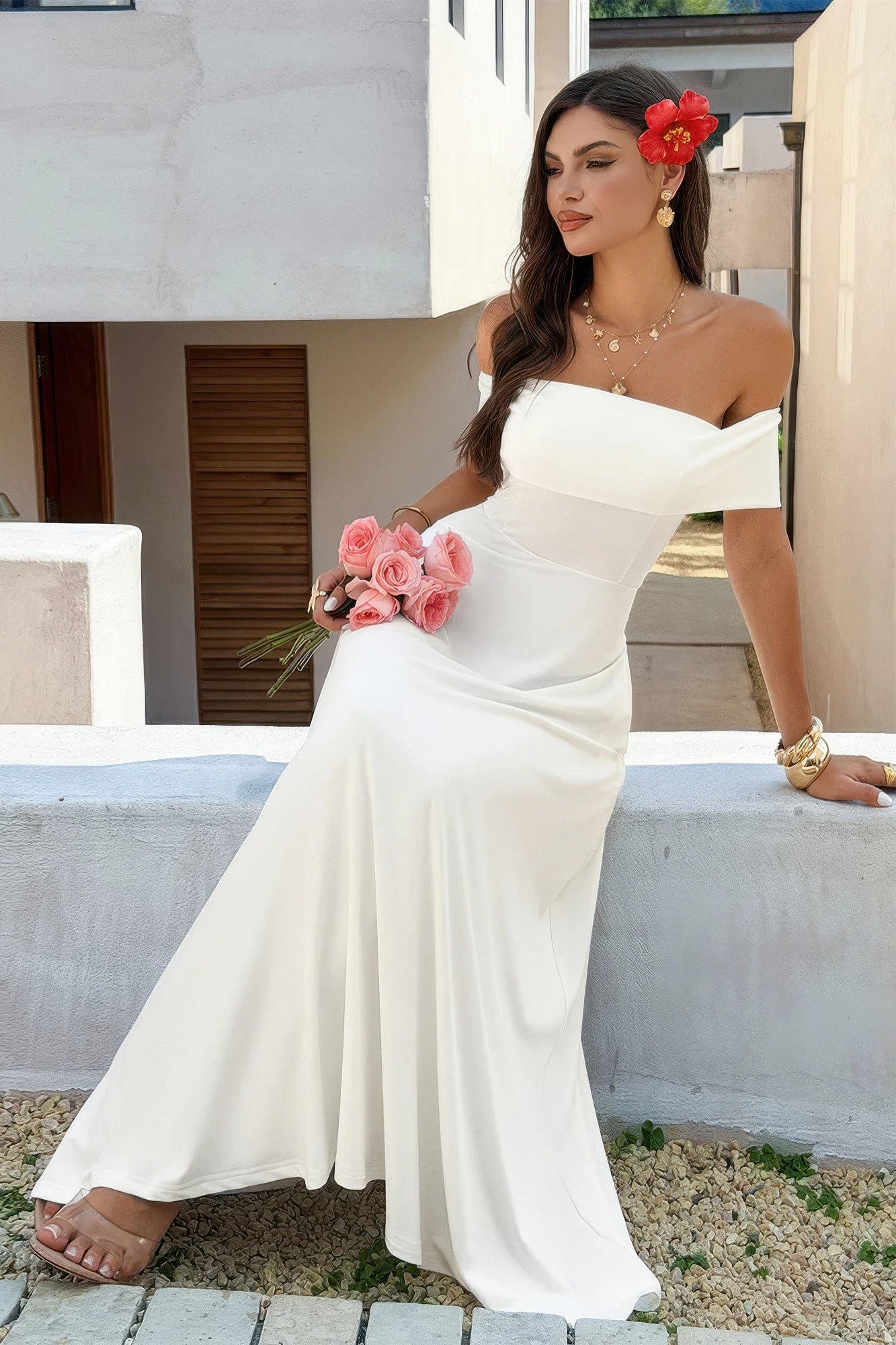 Off Shoulder Solid Backless Full Elegant Dress in Wine view 8 - Off Shoulder Dresses For Women
