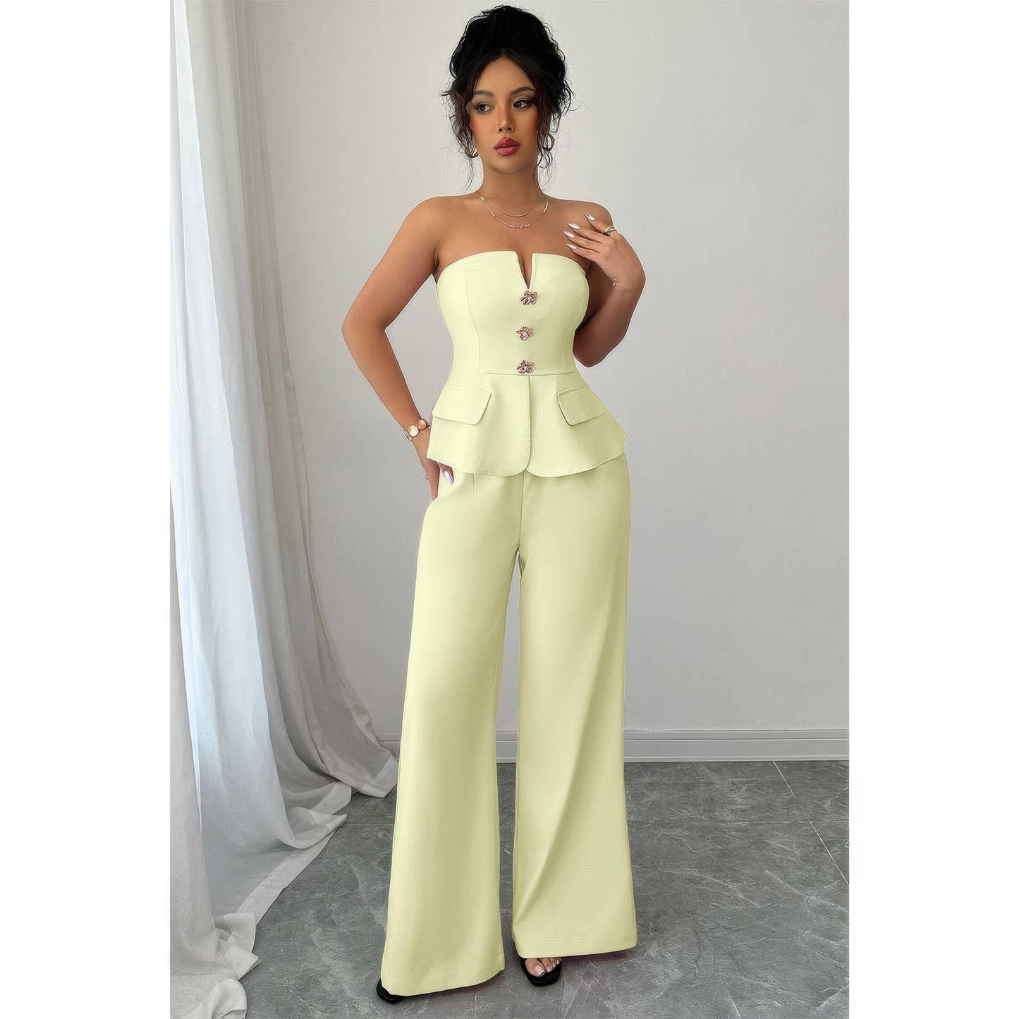 Off Shoulder Waist Cinched Wide Leg Sets in Yellow view 2 - Off Shoulder Set Women (one-piece)