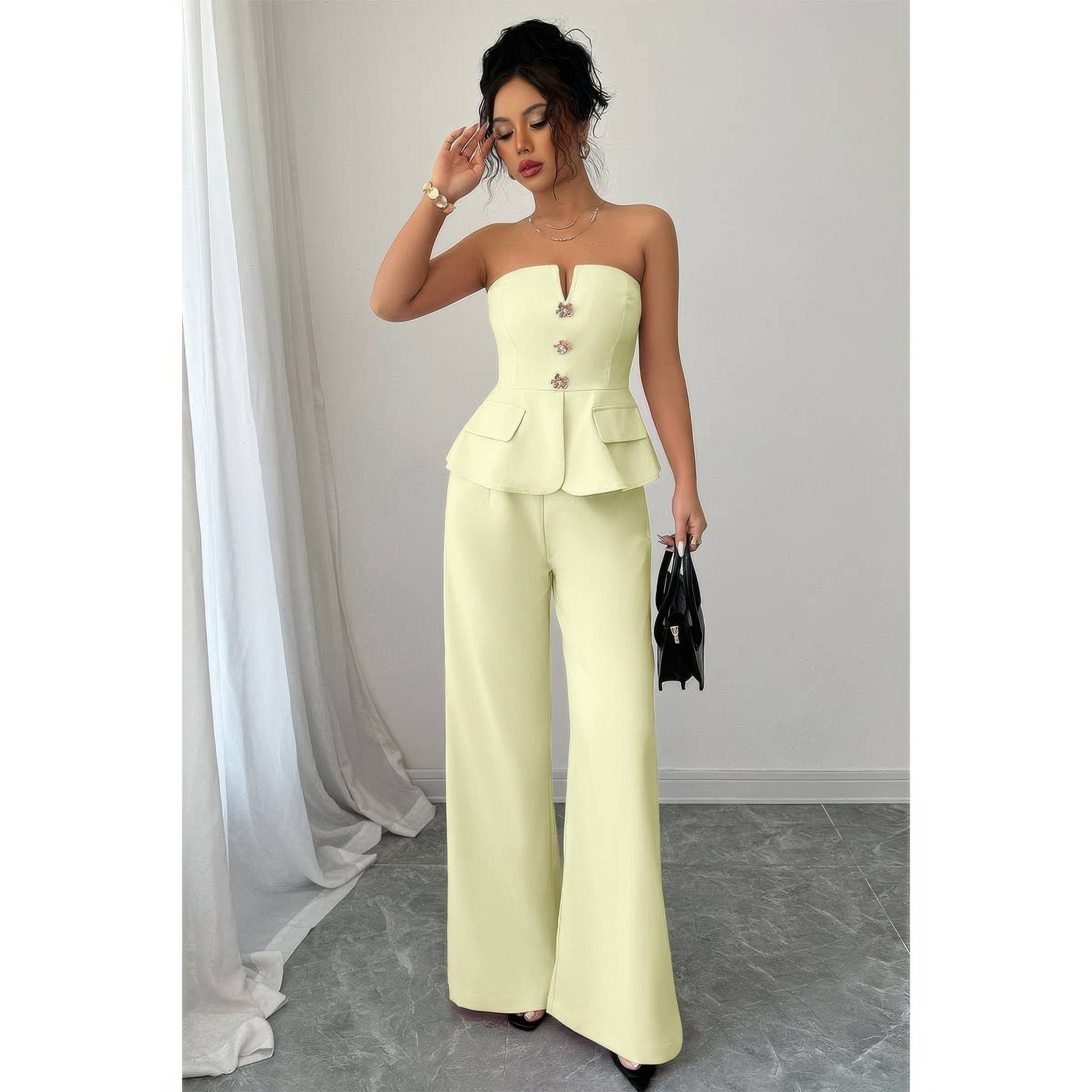 Off Shoulder Waist Cinched Wide Leg Sets in Yellow view 3 - Off Shoulder Set Women (one-piece)