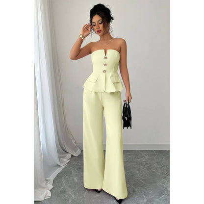 Off Shoulder Waist Cinched Wide Leg Sets in Yellow view 3 - Off Shoulder Set Women (one-piece)