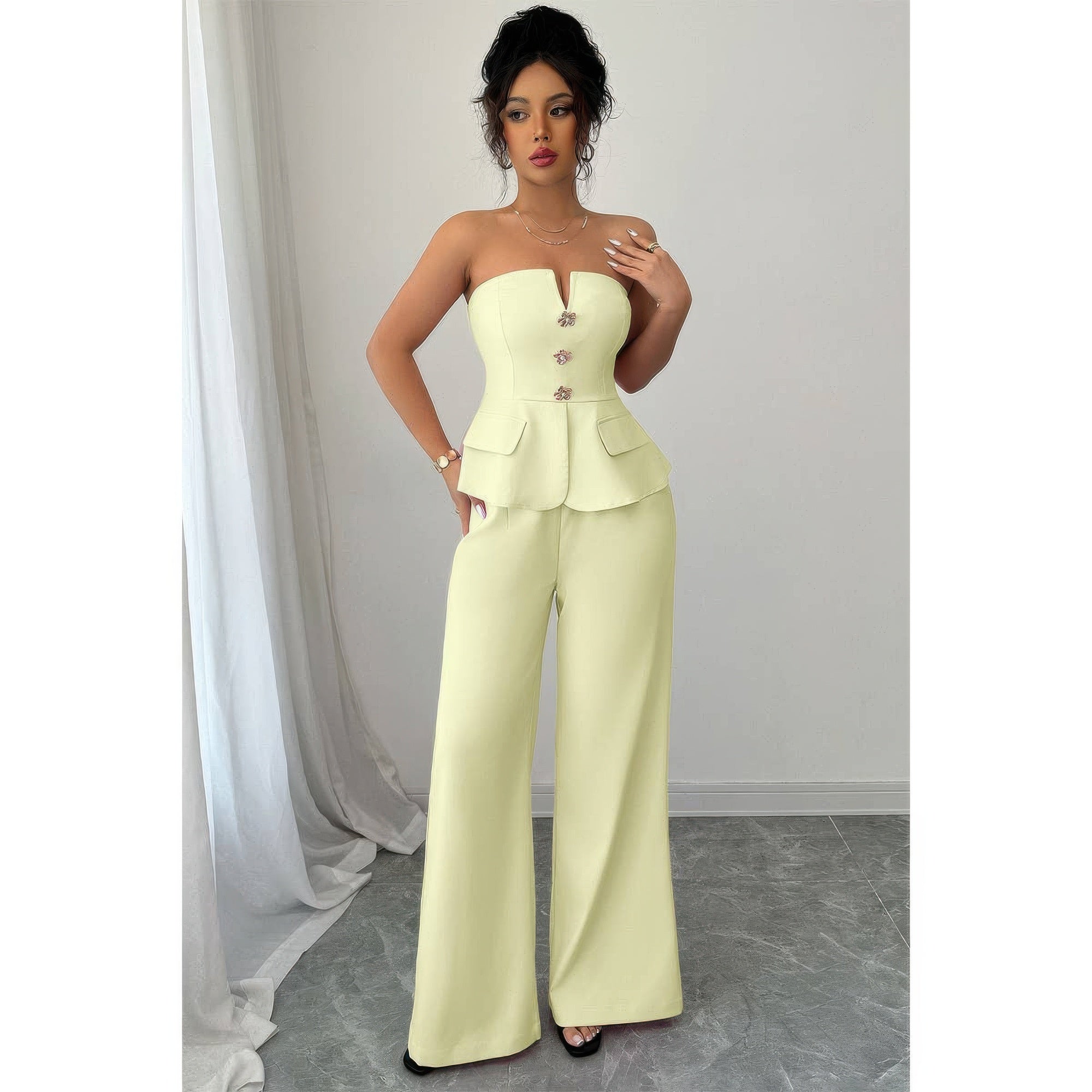 Off Shoulder Waist Cinched Wide Leg Sets Yellow view 2 (piece) - off shoulder set women, off shoulder s - shop at us.meeeshop