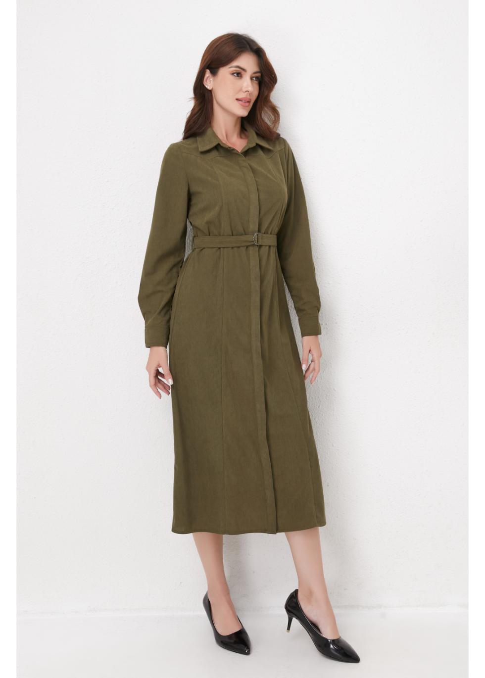 Olive Corduroy Belted Shirt Dress in L view 4 - Olive Corduroy Suit