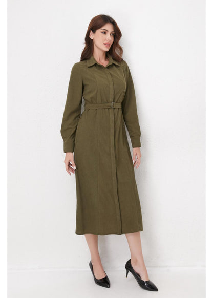 Olive Corduroy Belted Shirt Dress in L view 4 - Olive Corduroy Suit