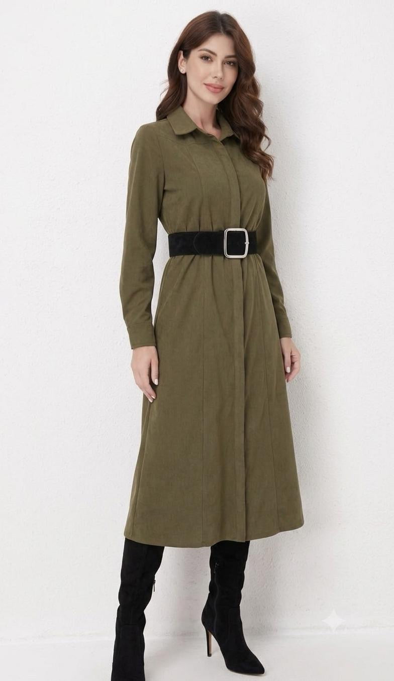 Olive Corduroy Belted Shirt Dress in S view 2 - Olive Corduroy Suit