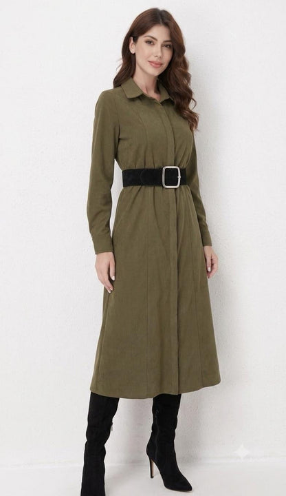 Olive Corduroy Belted Shirt Dress in S view 2 - Olive Corduroy Suit