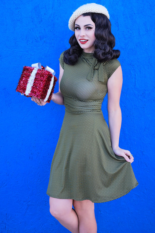 Olive Dot Bombshell Dress - plus Sizes Only in S - Curvy Fit - Olive Green Dot Dress
