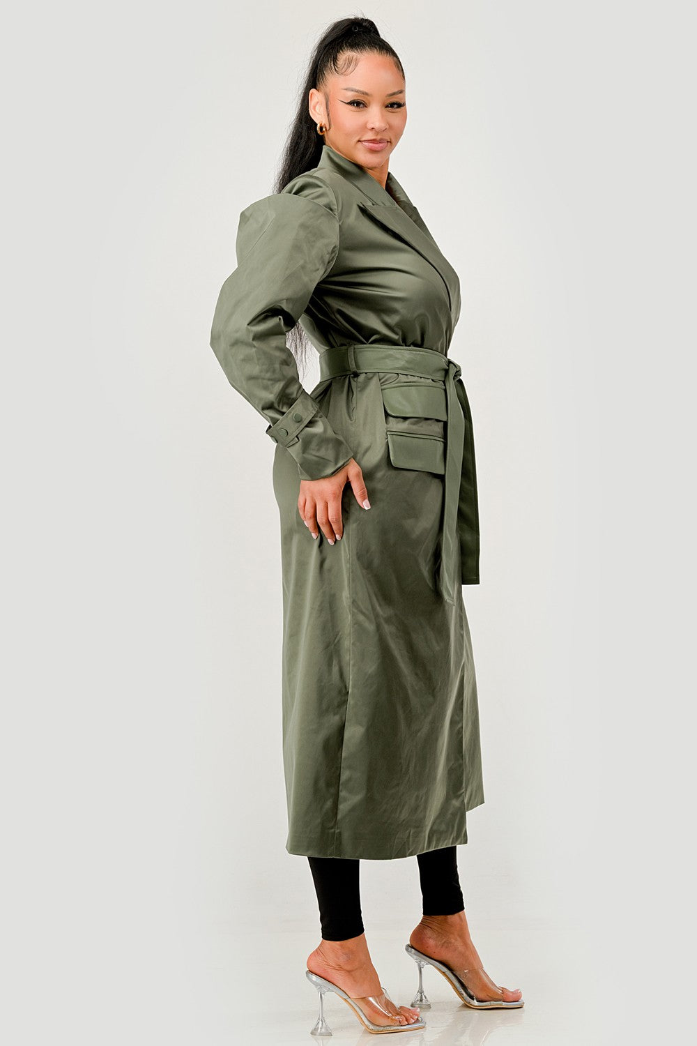 Olive Green Longline Trench Coat with Belt in 1XL view 5 - Olive Green Coat Men (layer)