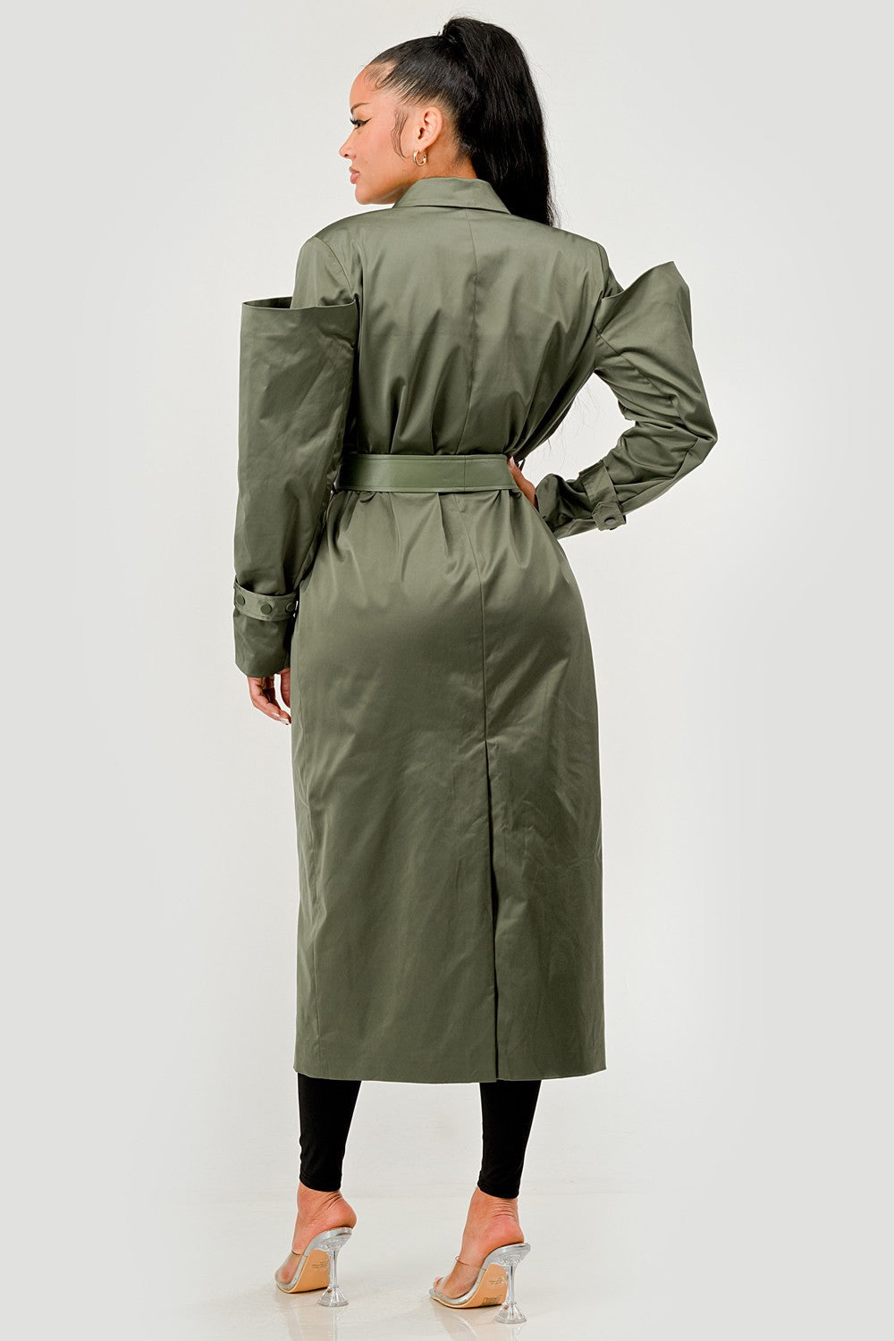 Olive Green Longline Trench Coat with Belt in 2XL view 6 - Olive Green Coat Men (layer)
