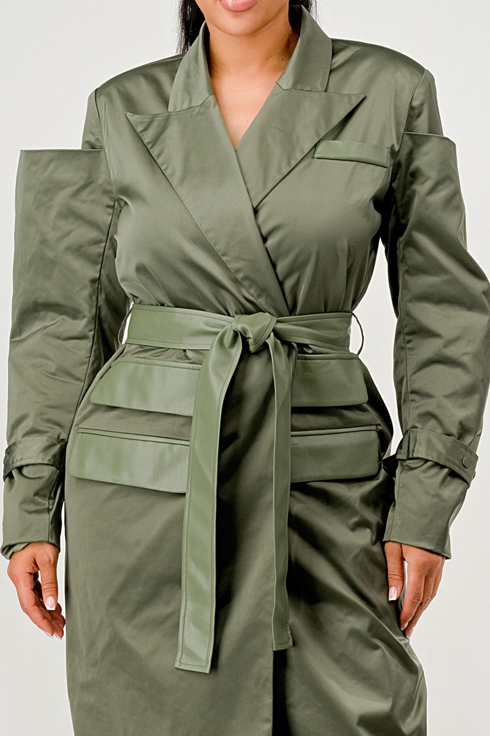 Olive Green Longline Trench Coat with Belt in L view 3 - Olive Green Coat Men (layer)