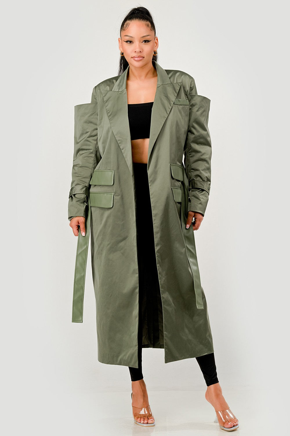 Olive Green Longline Trench Coat with Belt in M view 2 - Olive Green Coat Men (layer)