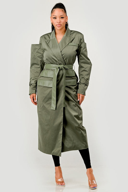 Olive Green Longline Trench Coat with Belt in S - Olive Green Coat Men (layer)