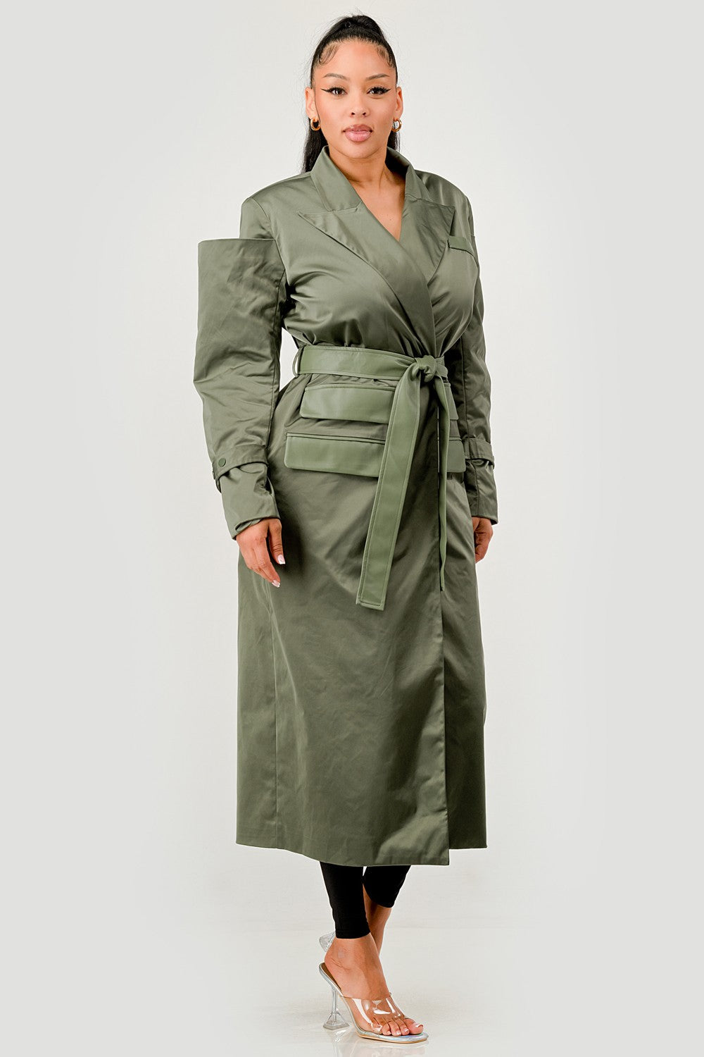 Olive Green Longline Trench Coat with Belt in XL view 4 - Olive Green Coat Men (layer)