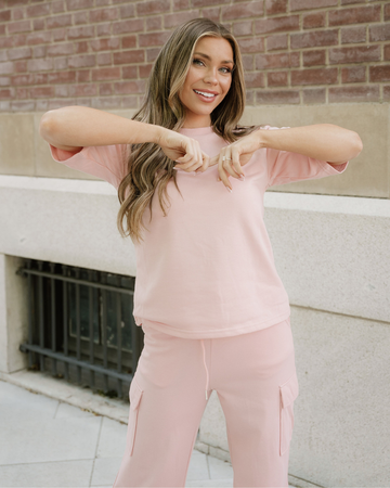 On the Go T-shirt & Cargo Sweatpants Set in Apricot Pink - T Shirt Cargo Set (top)