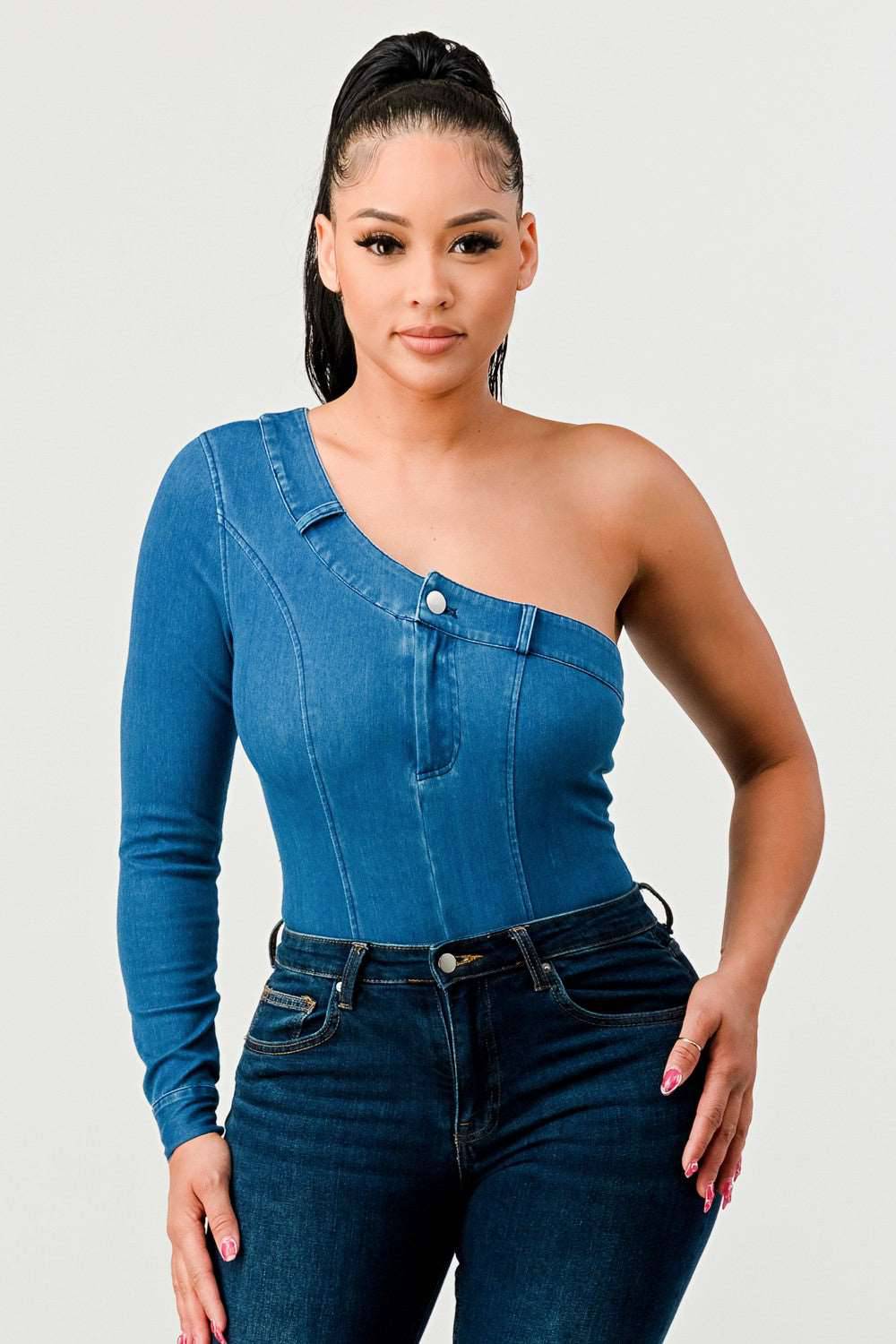 One Should Denim Body Suit in Large view 3 - One Shoulder Suit (bottom)