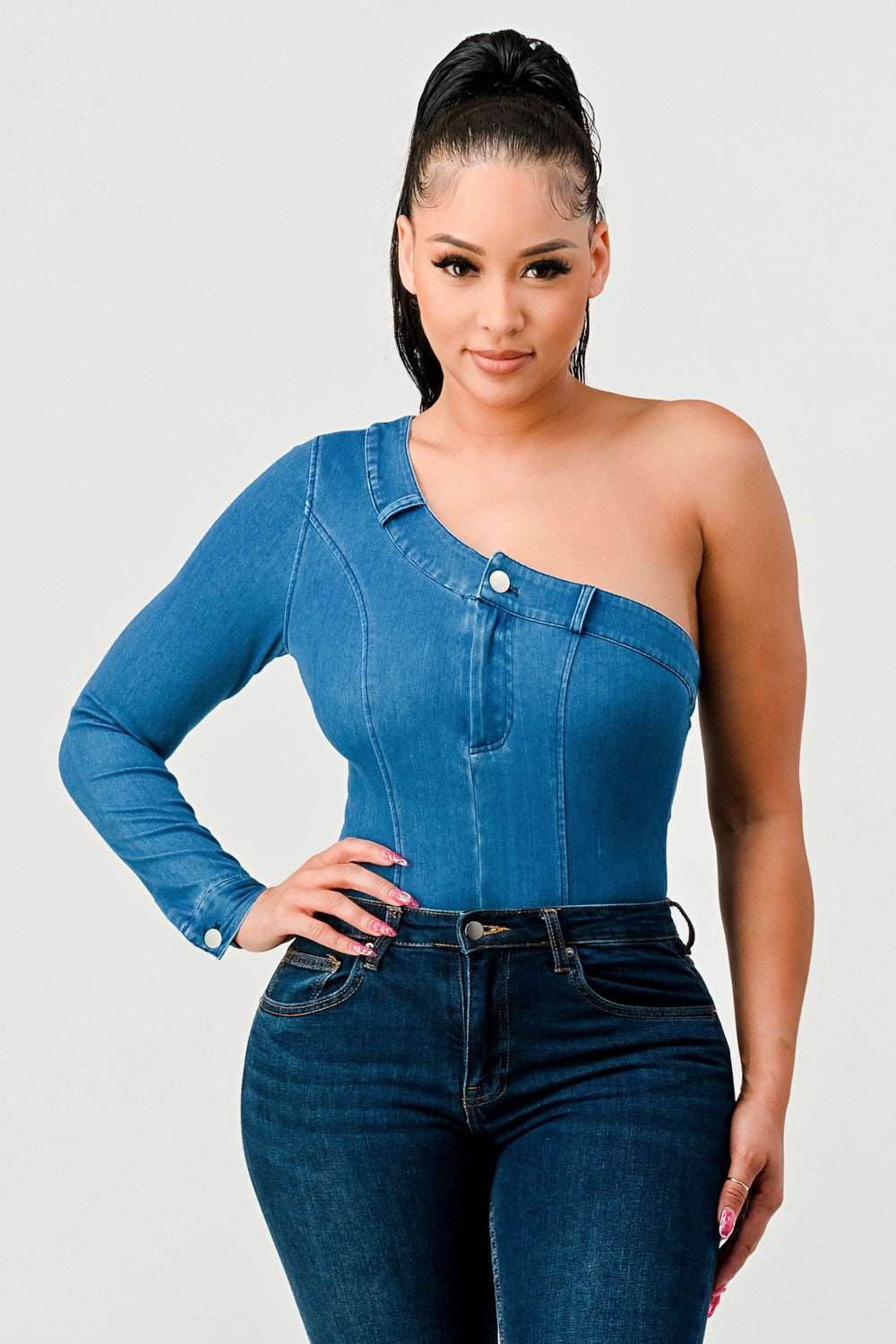 One Should Denim Body Suit in Medium view 2 - One Shoulder Suit (bottom)