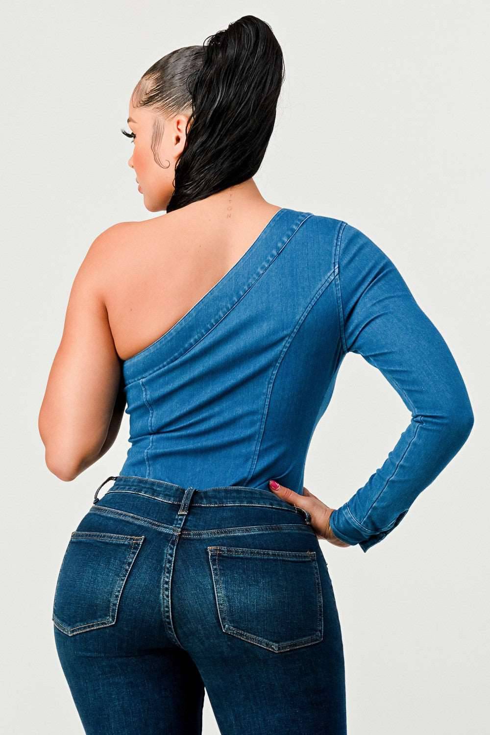 One Should Denim Body Suit view 7 - One Shoulder Suit (bottom)
