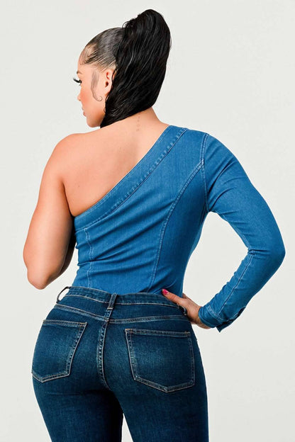 One Should Denim Body Suit view 7 - One Shoulder Suit (bottom)