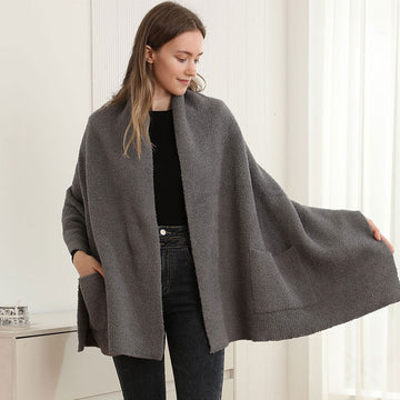 Open Front Pocketed Shawl Cardigan Top in Charcoal