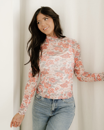 Ophelia Floral Print Mock Neck Mesh Long Sleeve Top in S - Long Top