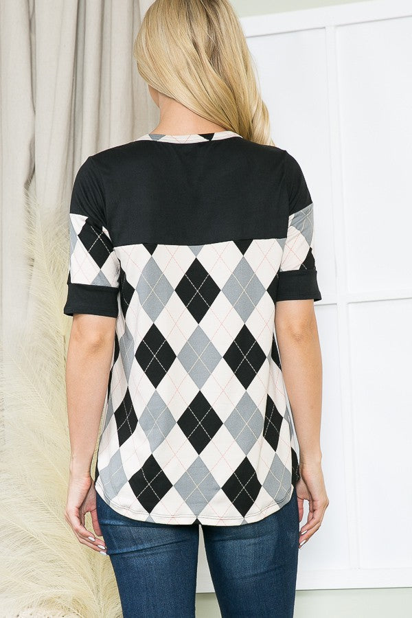 Orange Farm Argyle Print Button Front Jersey Top in Wine Combo view 6 - Argyle Print Shirt