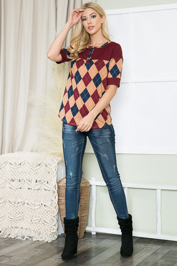 Orange Farm Argyle Print Button Front Jersey Top in Wine Combo view 7 - Argyle Print Shirt