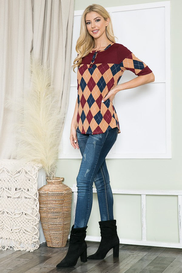 Orange Farm Argyle Print Button Front Jersey Top in Wine Combo view 8 - Argyle Print Shirt